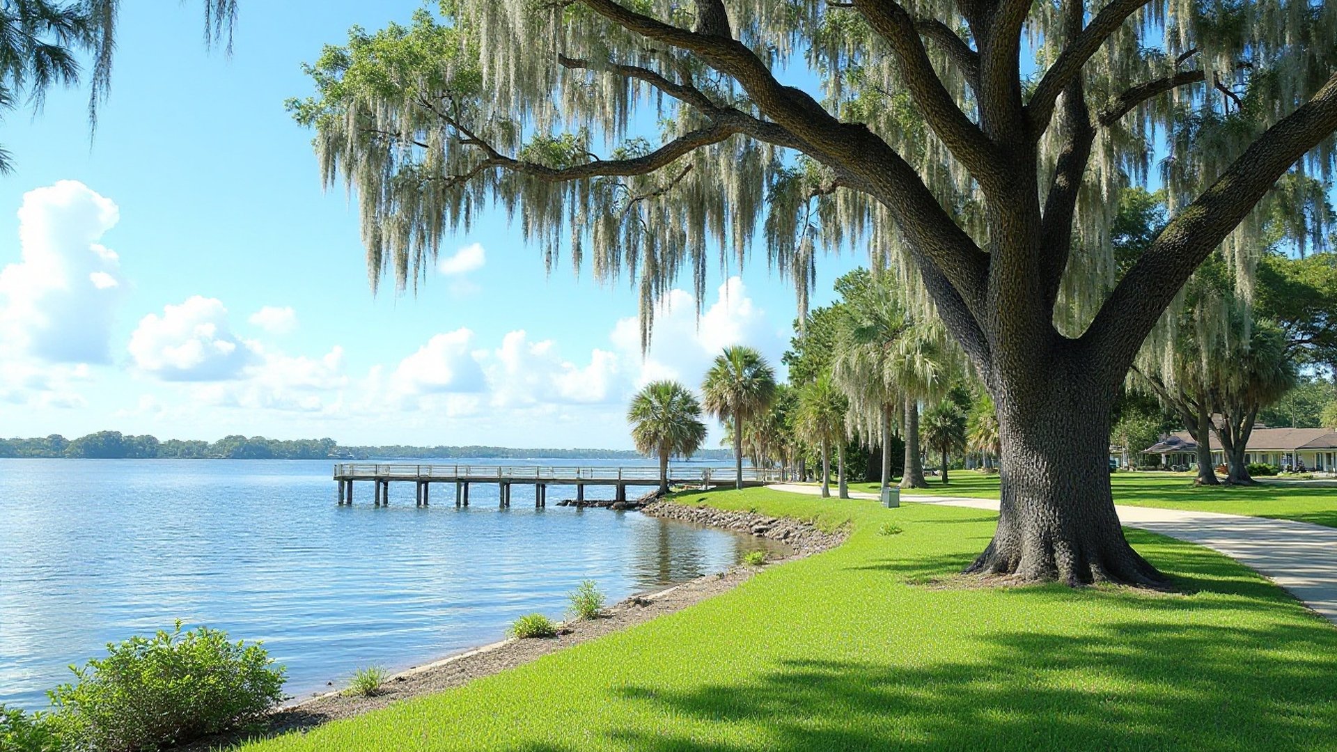 Large mossy oak beside a lakeside path, with palms and a pier along the shore of a calm lake