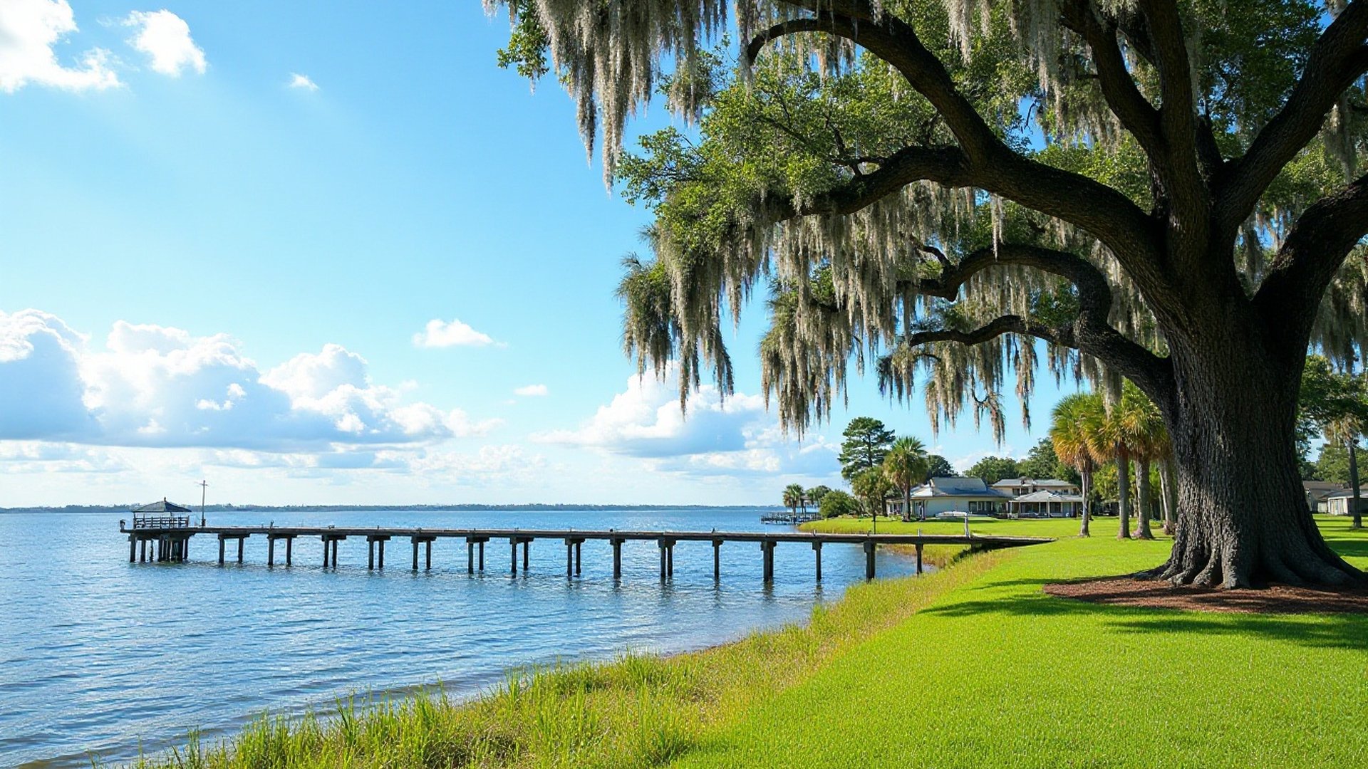 Spreading live oak draped in Spanish moss on a lakefront lawn, with a pier and calm water beyond