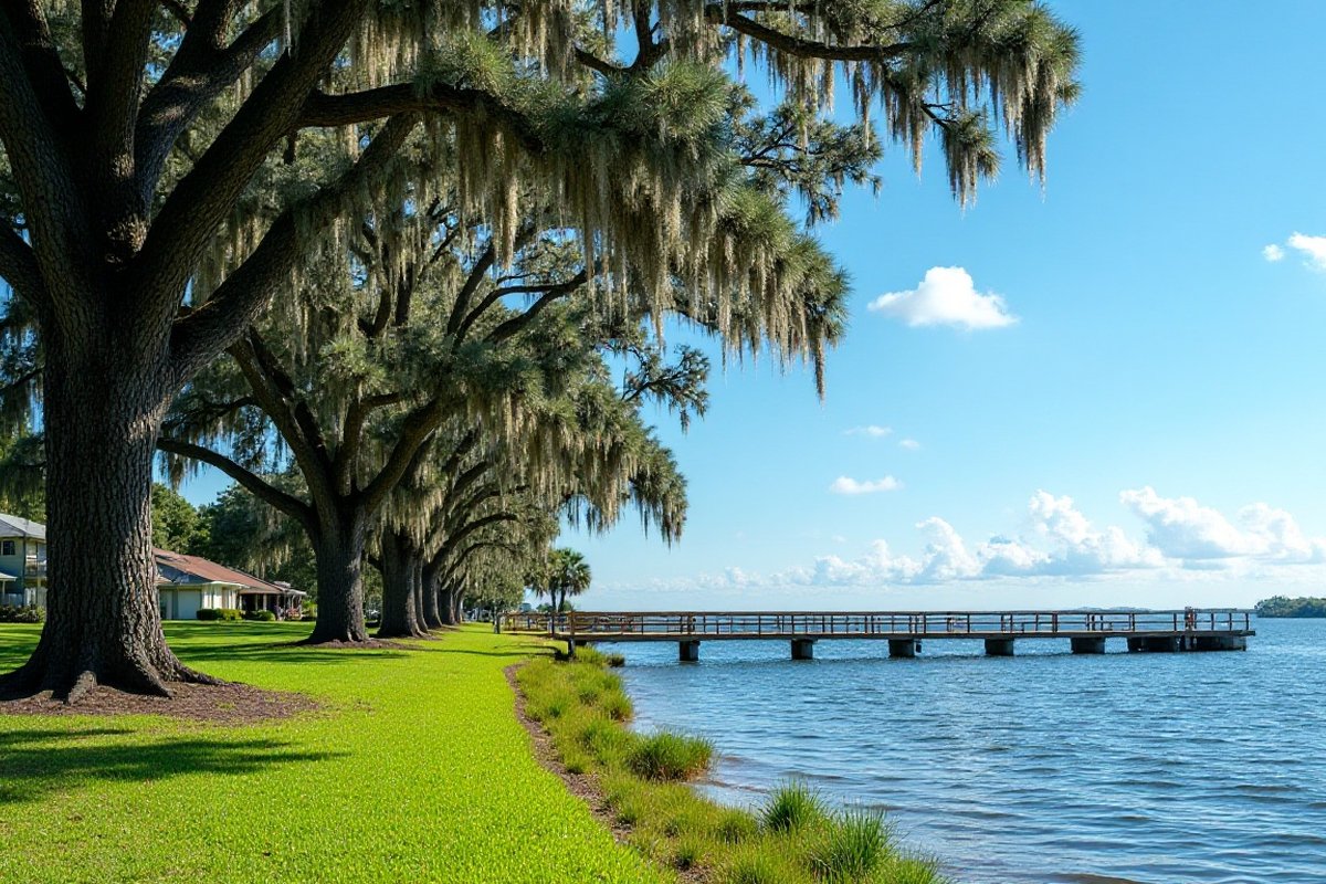 Live oaks with Spanish moss along a grassy lakeshore under a bright sky