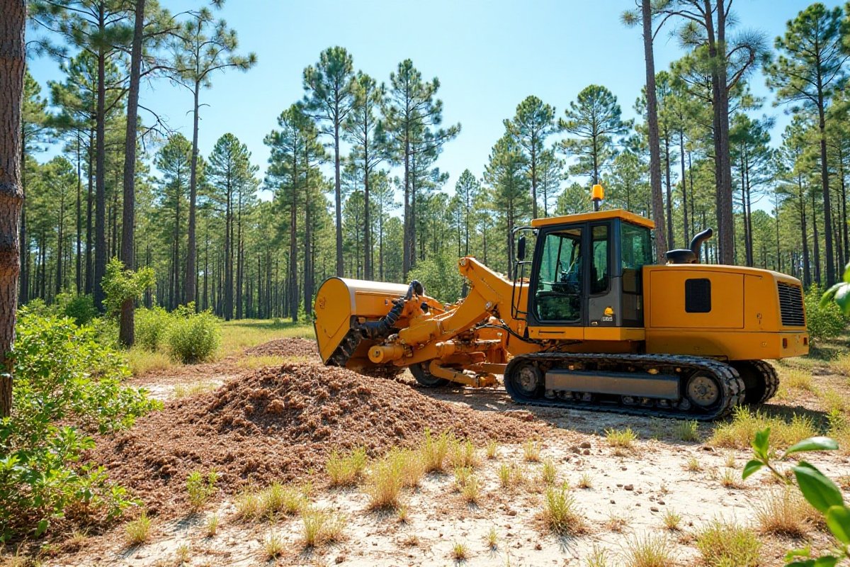 Close view of a forestry mulcher head grinding saw palmetto into chips on sandy Central Florida ground