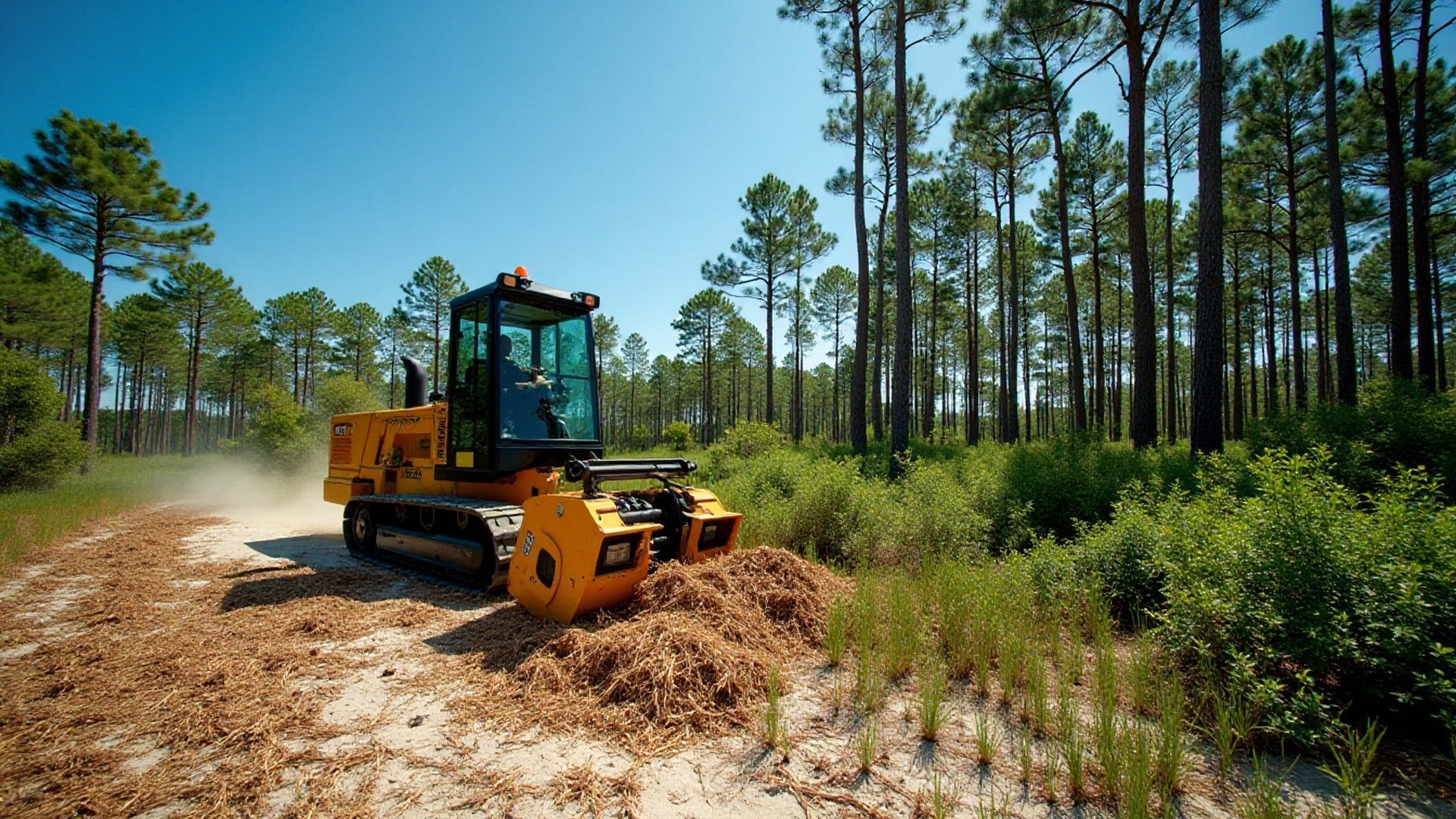 Tracked forestry mulcher clearing palmetto and scrub on a sunny Central Florida acreage with pines left standing