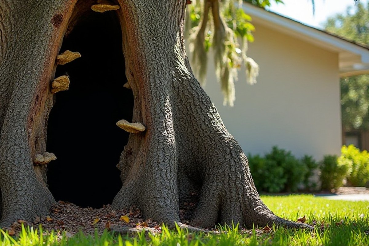 Base of an old laurel oak trunk with a hollow cavity and bracket fungus in an Orlando yard