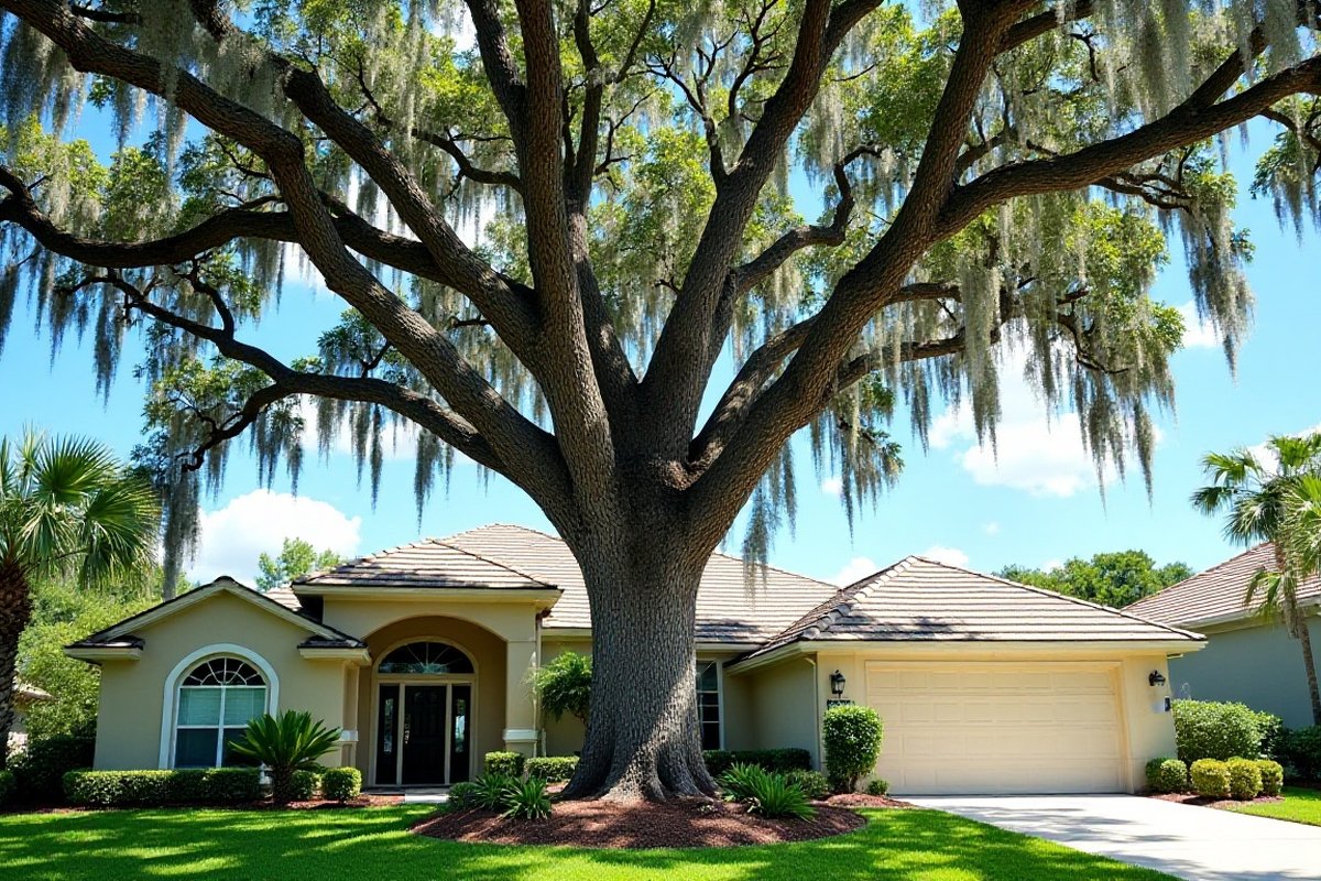 Live oak limbs reaching over the roof of a one-story Orlando-area home