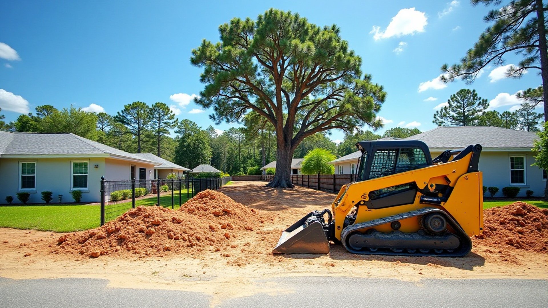Compact track loader on a freshly cleared residential lot between finished homes in an Orlando-area neighborhood, with a large pine kept at the back
