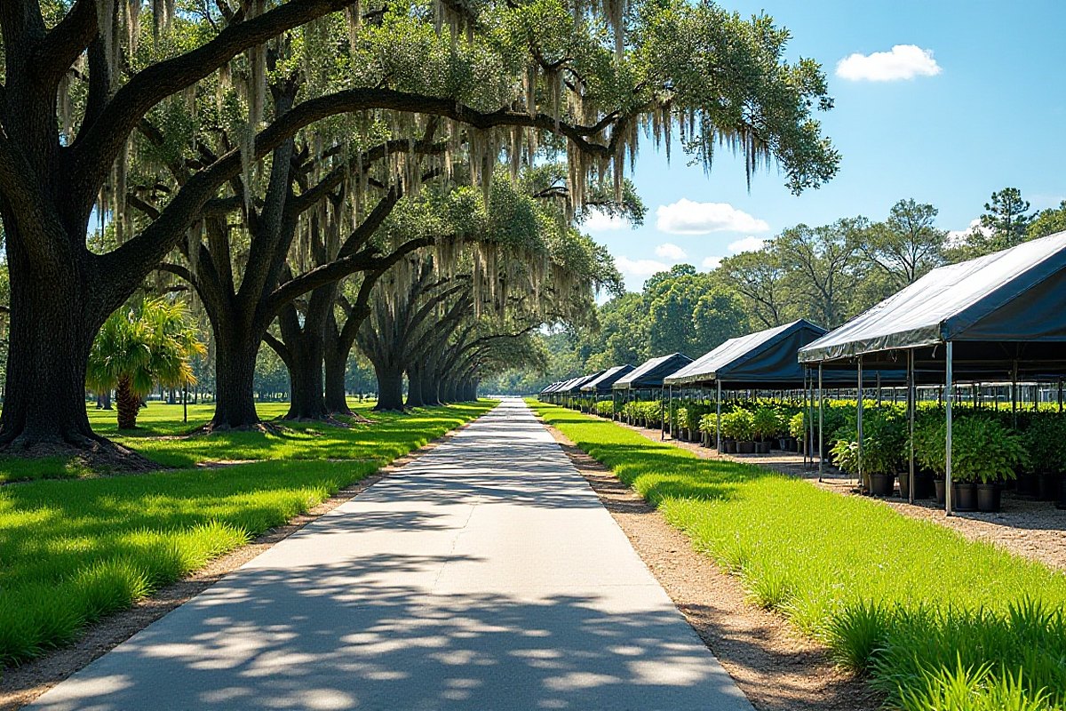 Plant nursery shade houses full of potted plants beside a lane lined with large mossy live oaks