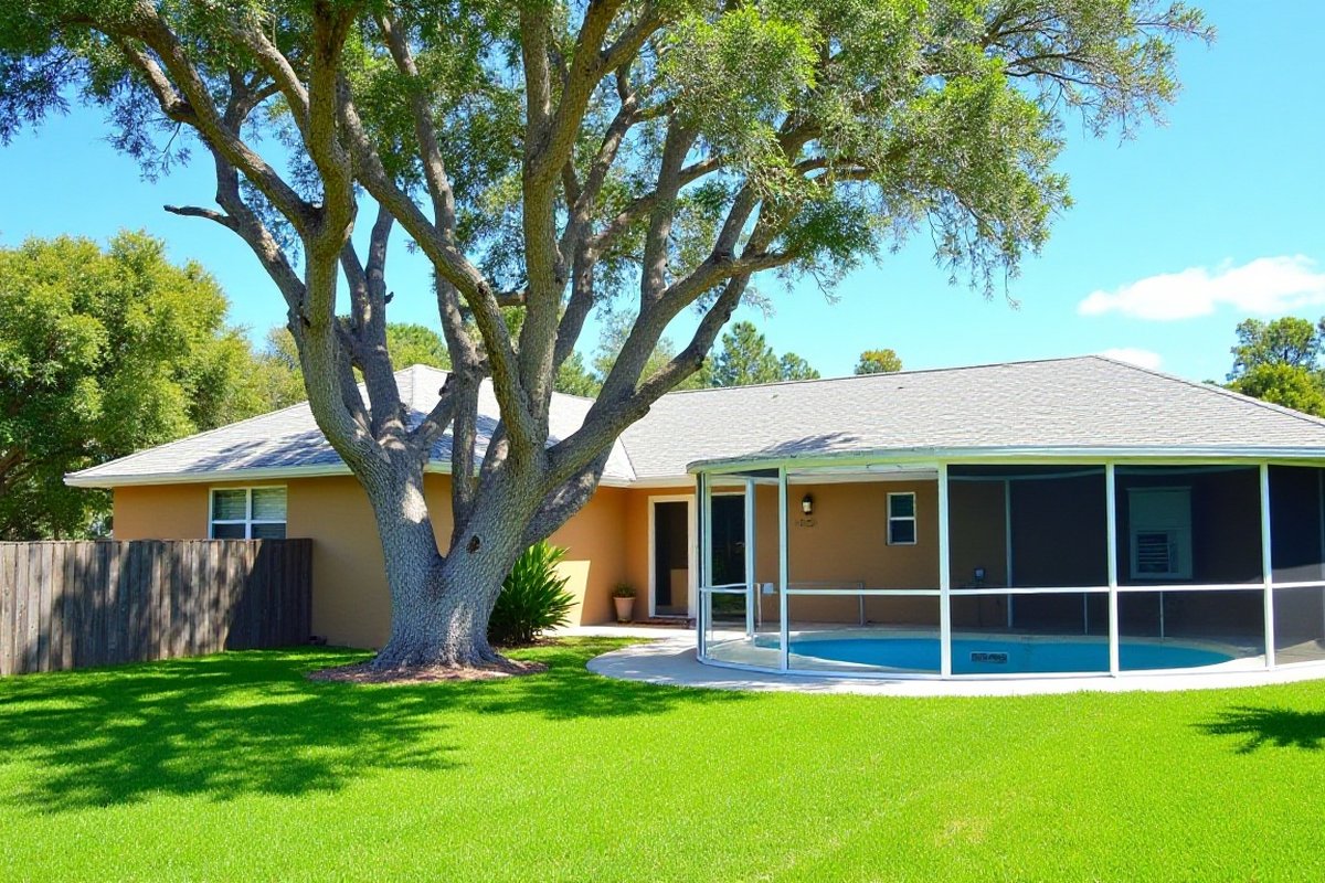 Tall laurel oak standing beside a screened pool enclosure behind a one-story Central Florida home