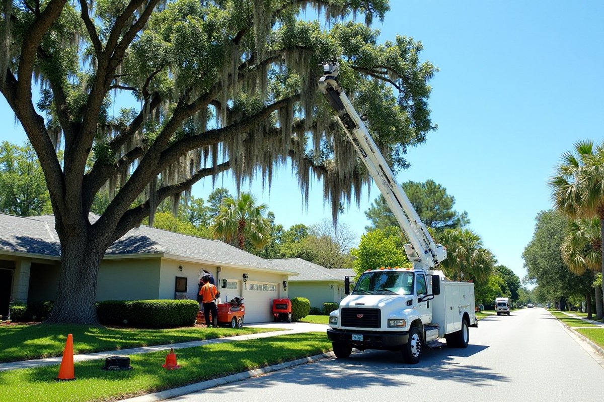 Tree crew bucket truck at the curb beside a large oak, with safety cones on the lawn