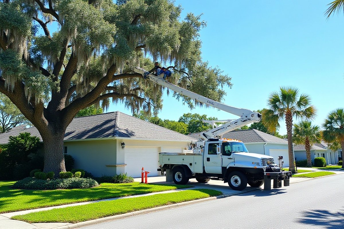 Tree worker in a bucket truck trimming a mossy live oak beside a one-story home