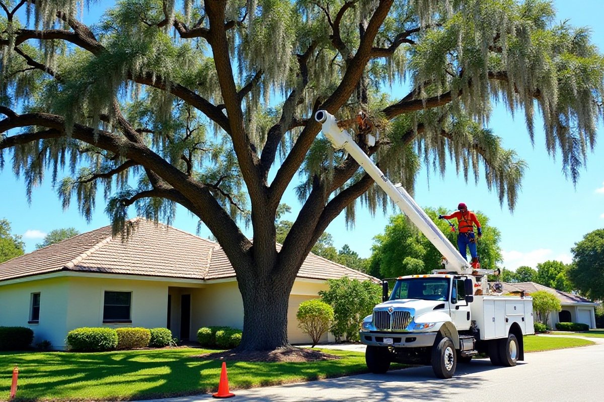 Tree worker in a bucket truck cutting back oak limbs that reach over the roof of a one-story Central Florida home