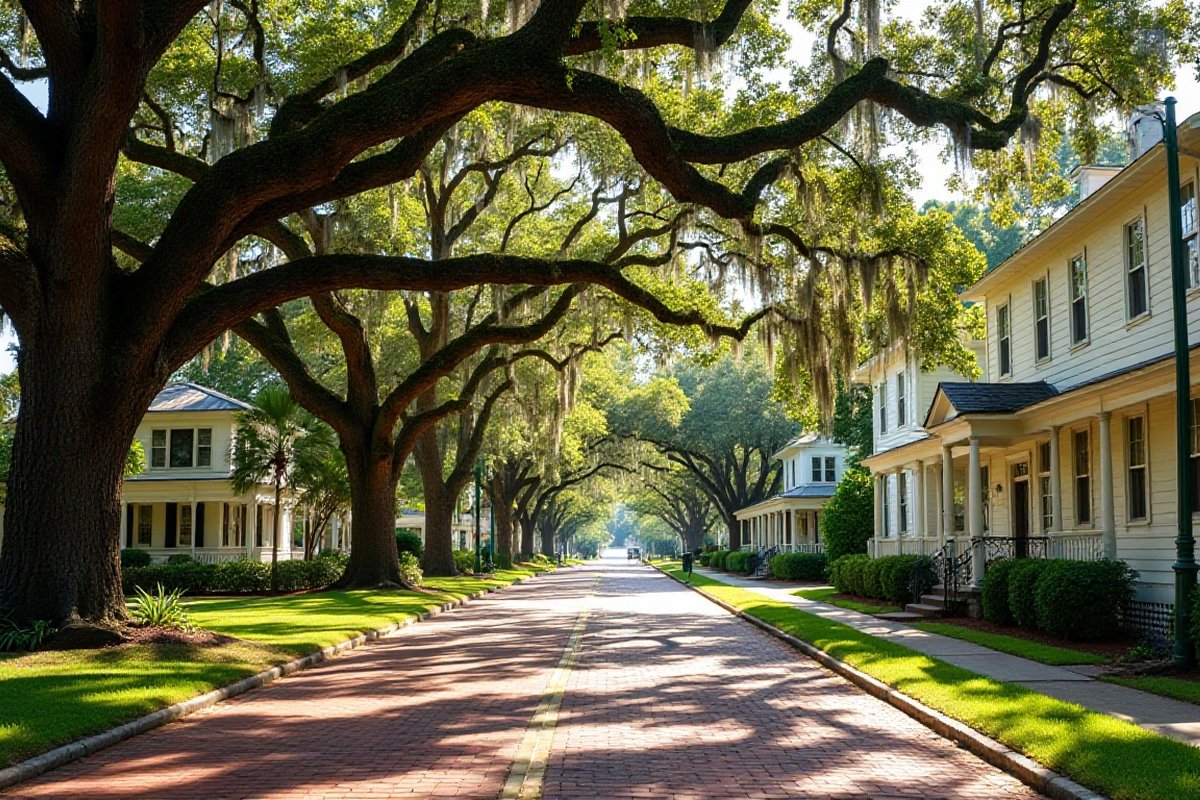 Older homes under a spreading oak canopy on a quiet residential street