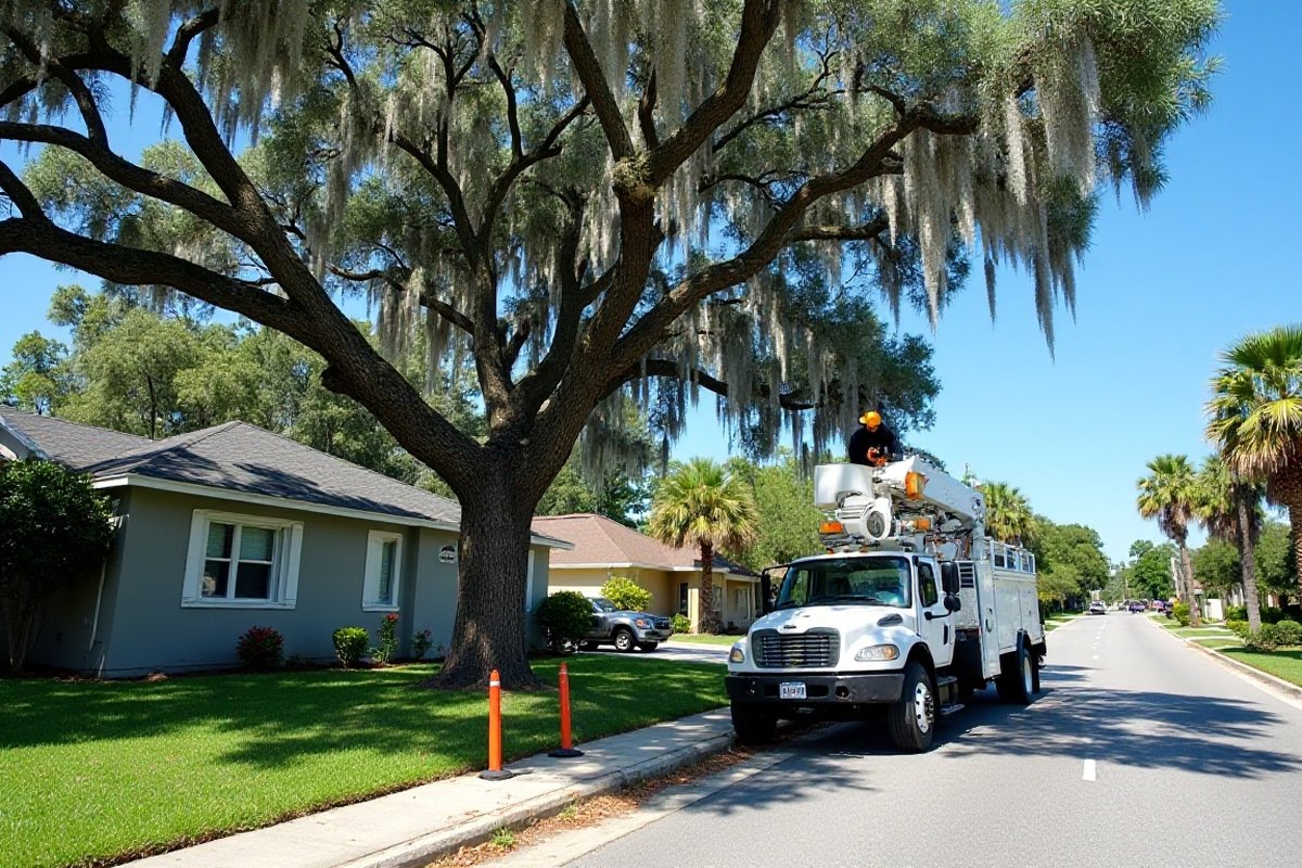 Tree crew bucket truck parked on a residential street under a large live oak hung with Spanish moss