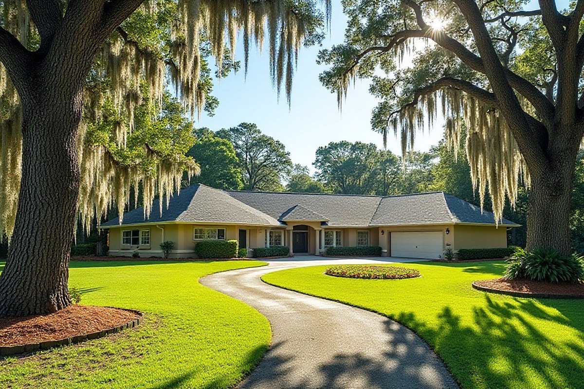 Curving driveway past a large live oak hung with Spanish moss to a long single-story home among trees