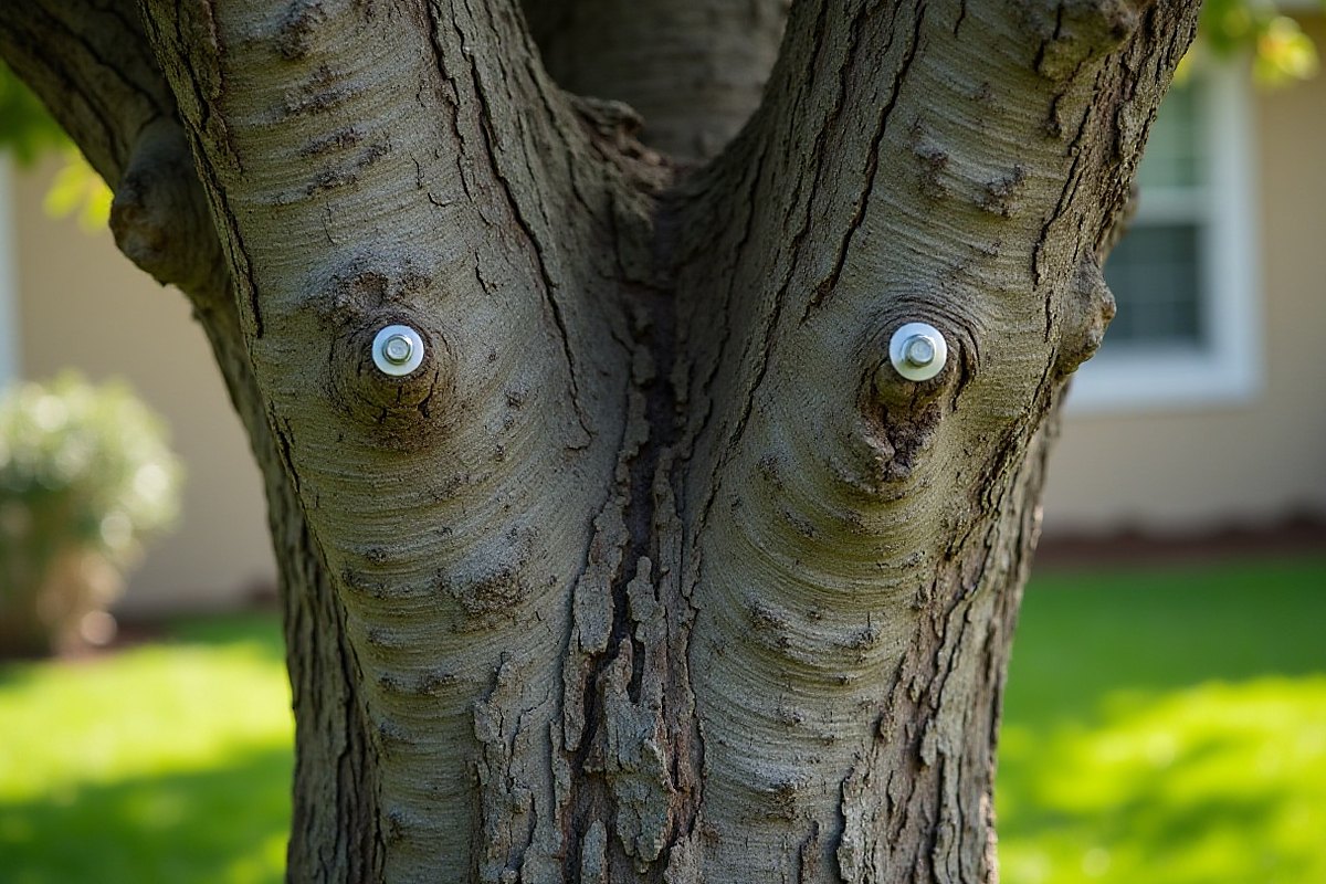 Two steel bolt ends with washers and nuts set into the bark of an oak's two stems, at the same height just above the fork