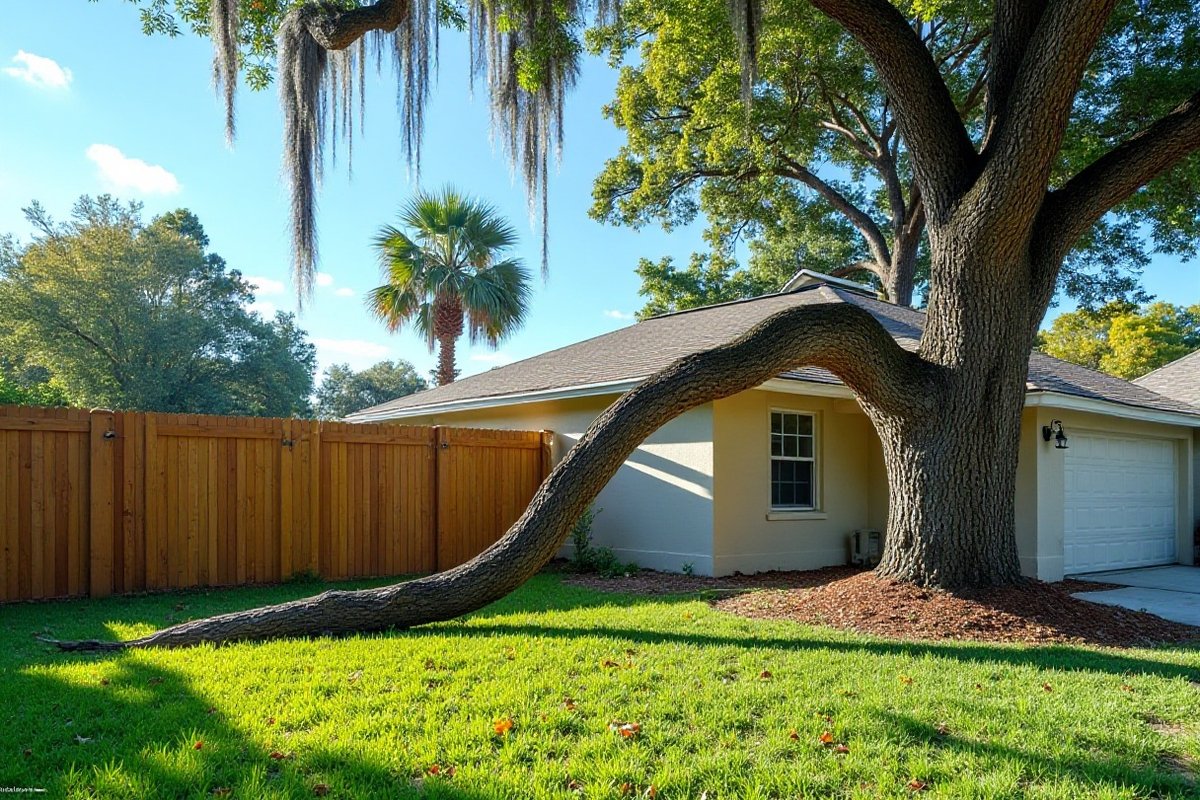 Heavy oak limb bent down low across the lawn beside a one-story Florida home