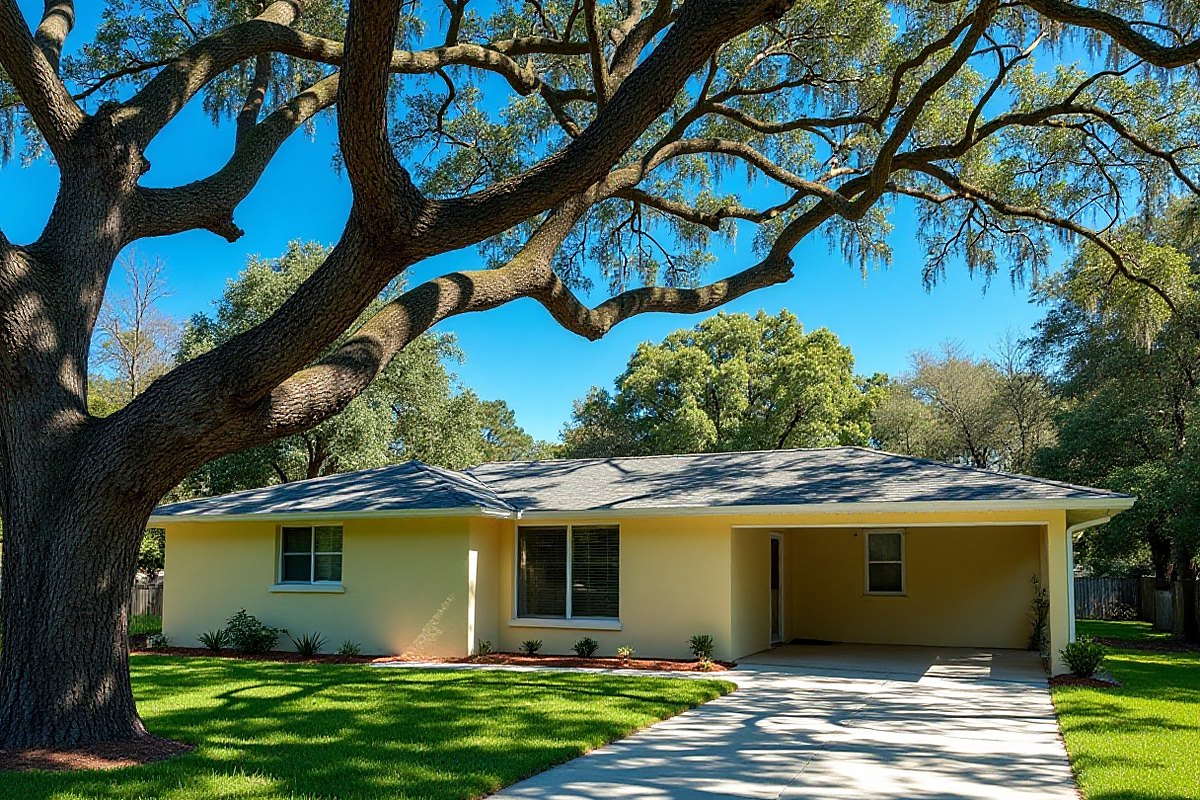 Large oak with long spreading limbs reaching over a pale yellow one-story home with a carport and concrete driveway