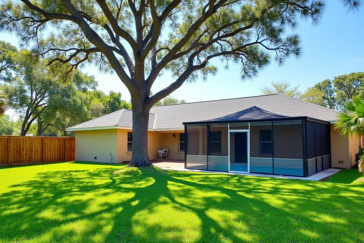 Large oak with long, thinly leafed limbs reaching toward the roof of a one-story Central Florida home