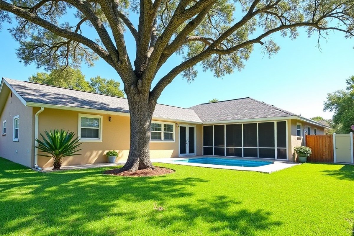 Tall oak with thin, open upper limbs above the back yard and pool of a one-story Central Florida home