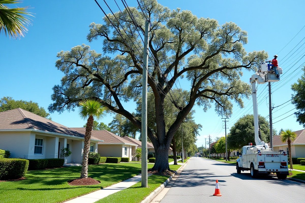Bucket truck on a residential street while a worker trims a large oak back from overhead power lines in a Central Florida neighborhood
