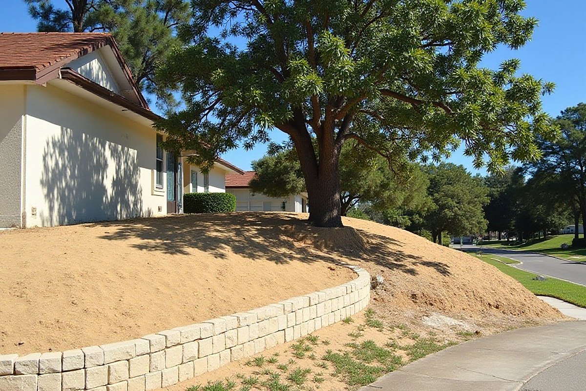 Broad oak growing on a sandy slope above a curved block retaining wall beside a stucco home with a tile roof
