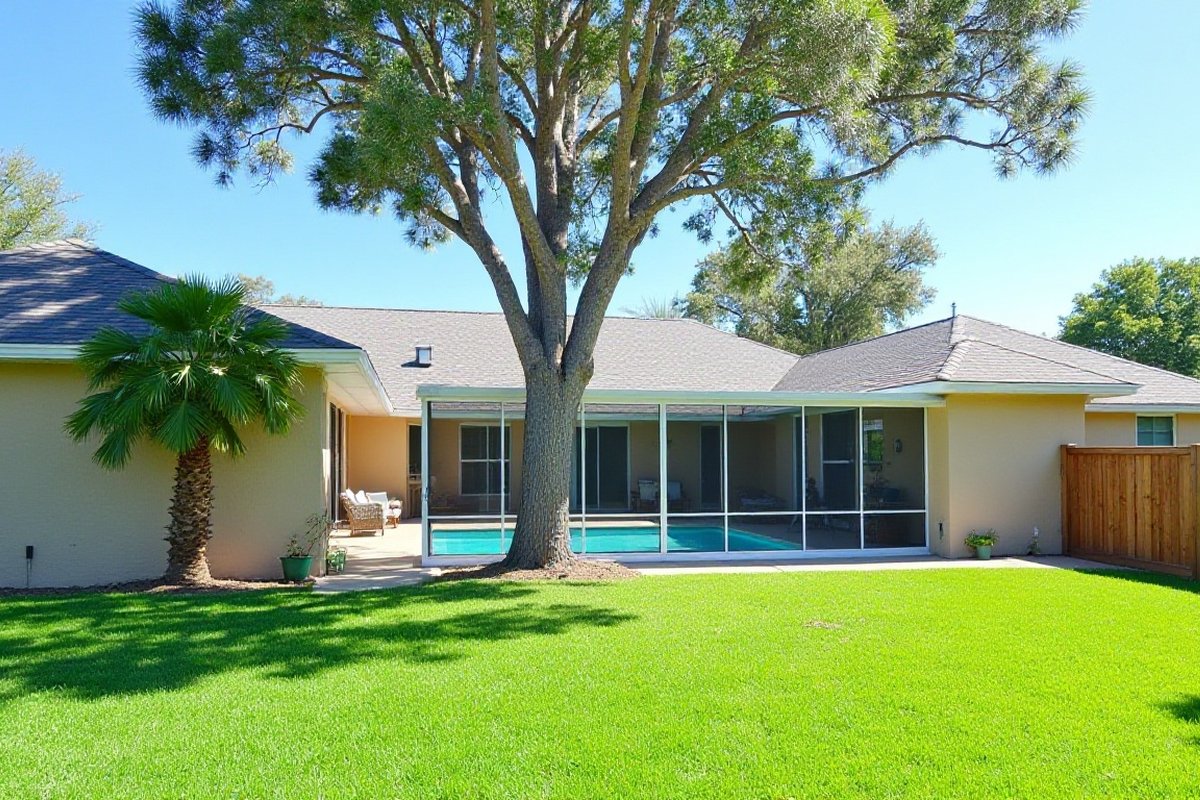 Tall oak growing right beside a screened pool enclosure, its limbs spreading over the roof of an Orlando-area home