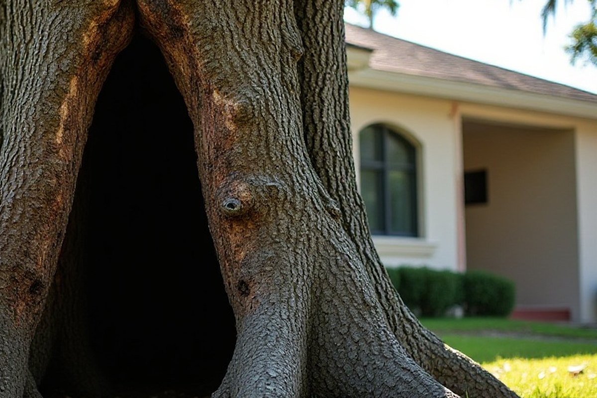 Aging oak with a large hollow opening at the base of its trunk beside a one-story Central Florida home