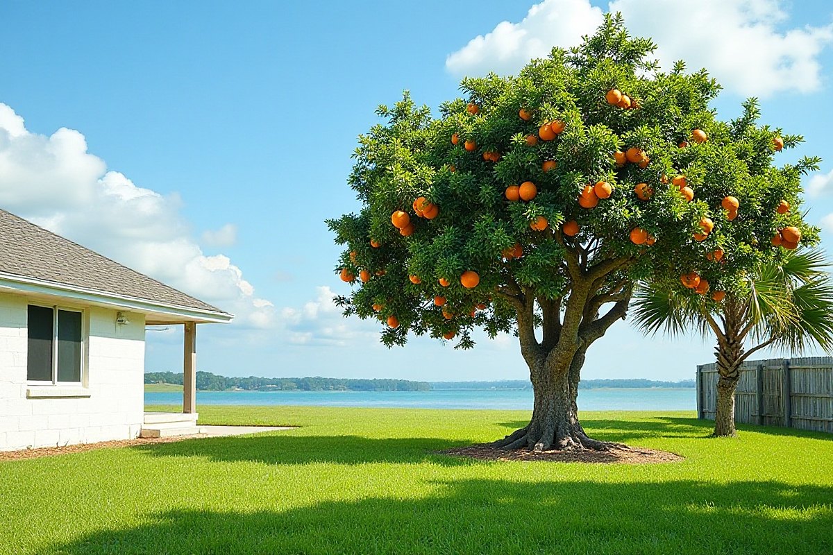Old orange tree with a thick trunk and ripe fruit in the yard of a white block home, with a palm and wooden fence by a lake