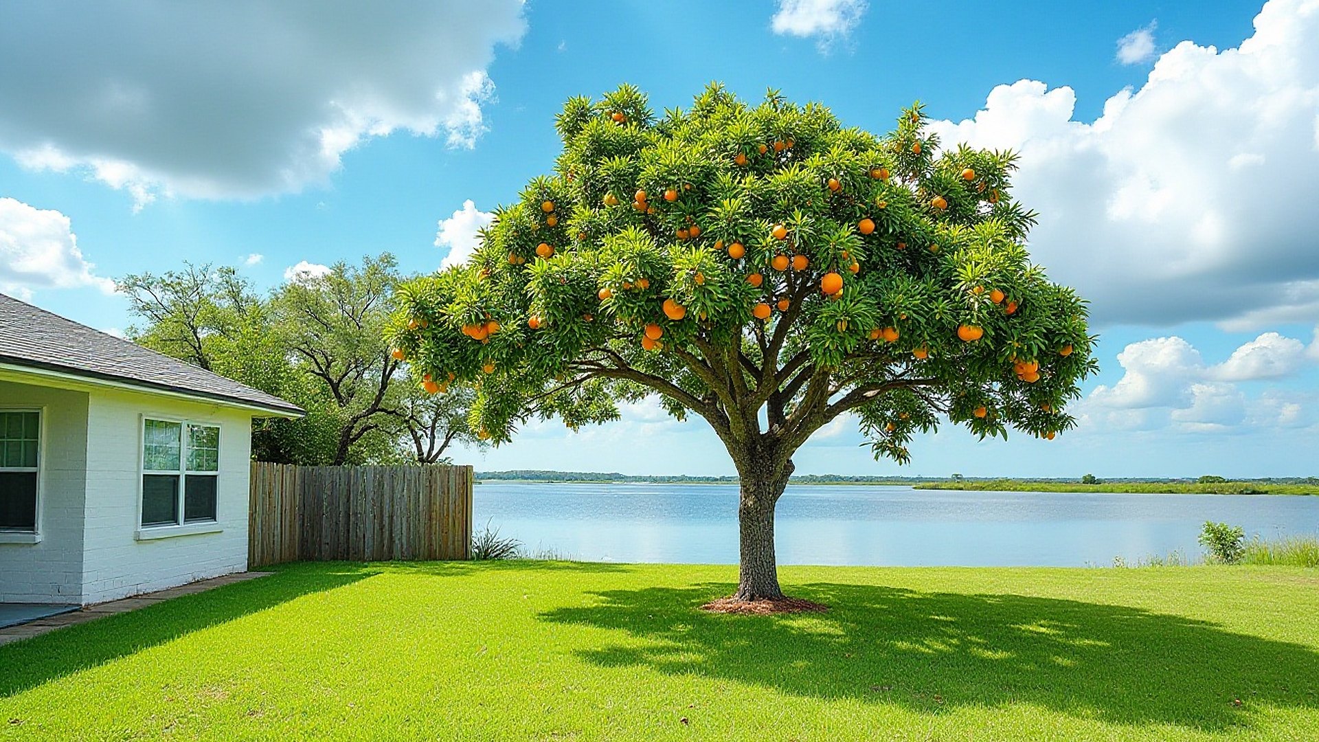 Orange tree heavy with ripe fruit in the green back yard of a white one-story home beside a wide, calm lake