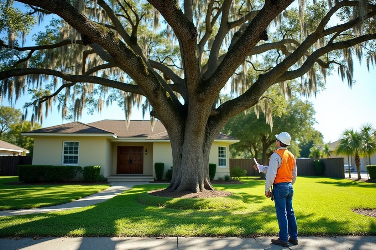 Tree worker with a clipboard looking up into the crown of a large live oak beside a sidewalk in an Orlando-area neighborhood