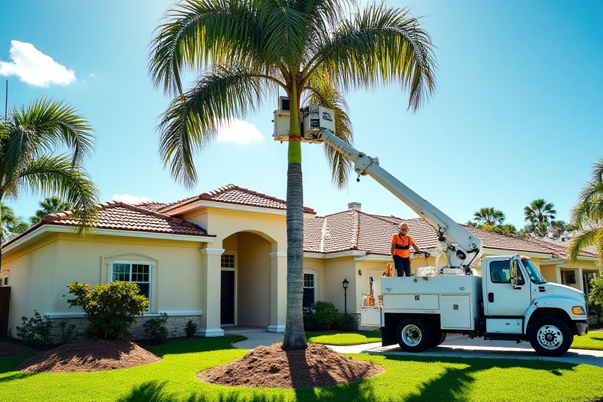 Bucket truck lifting a worker beside a tall palm to remove dead fronds at an Orlando-area home