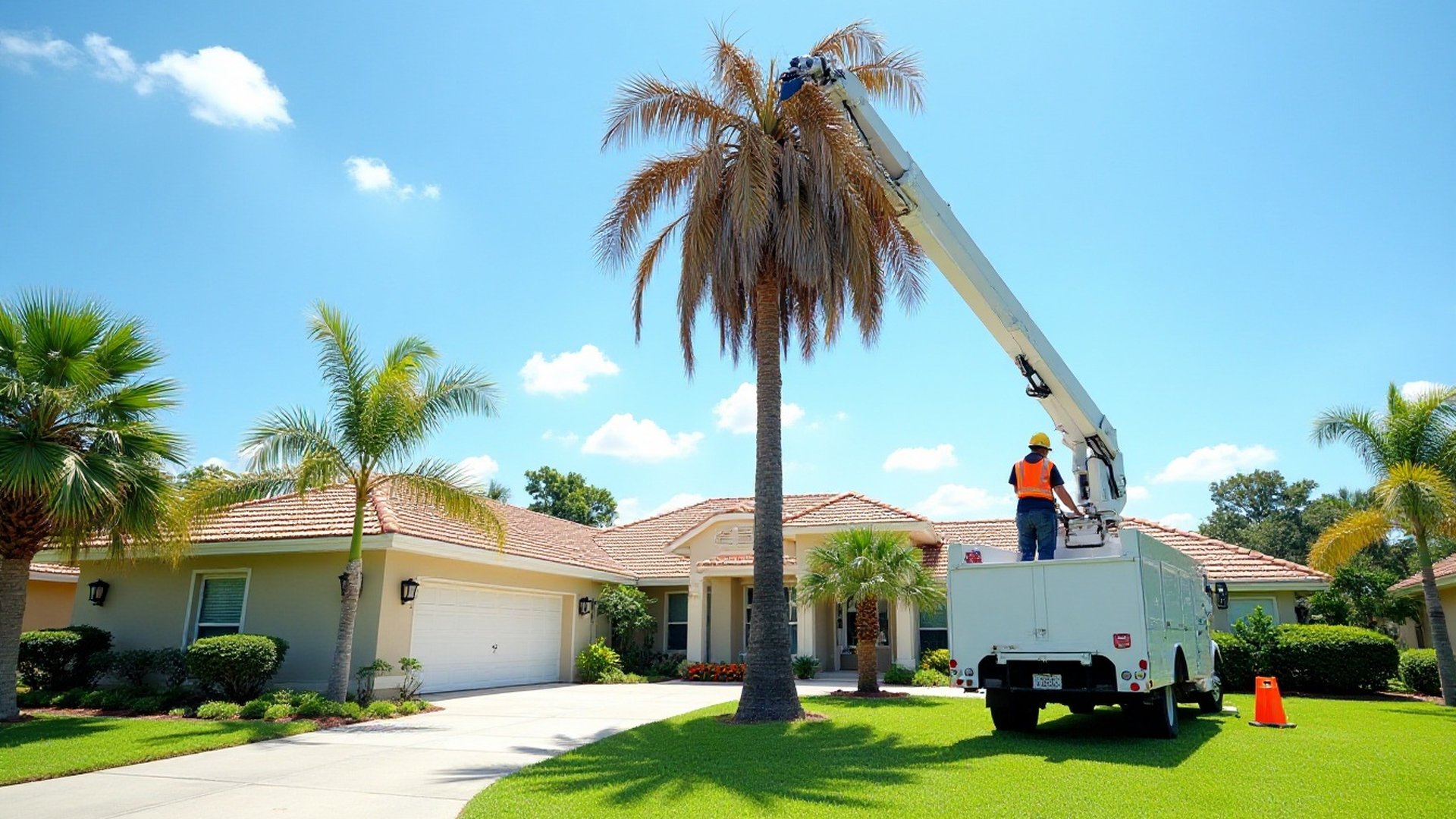Crew taking down a dead palm with a bronze, drooping crown beside a one-story Orlando home