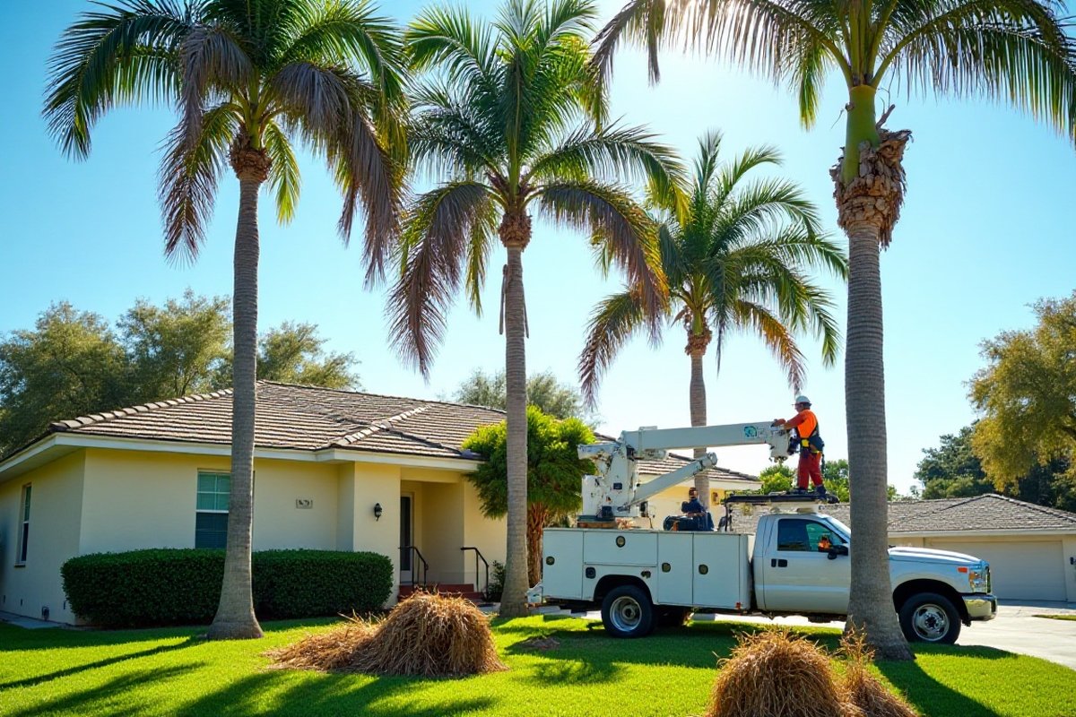 Bucket lift raised beside a tall fan palm while cut brown fronds fall to a cleared lawn below