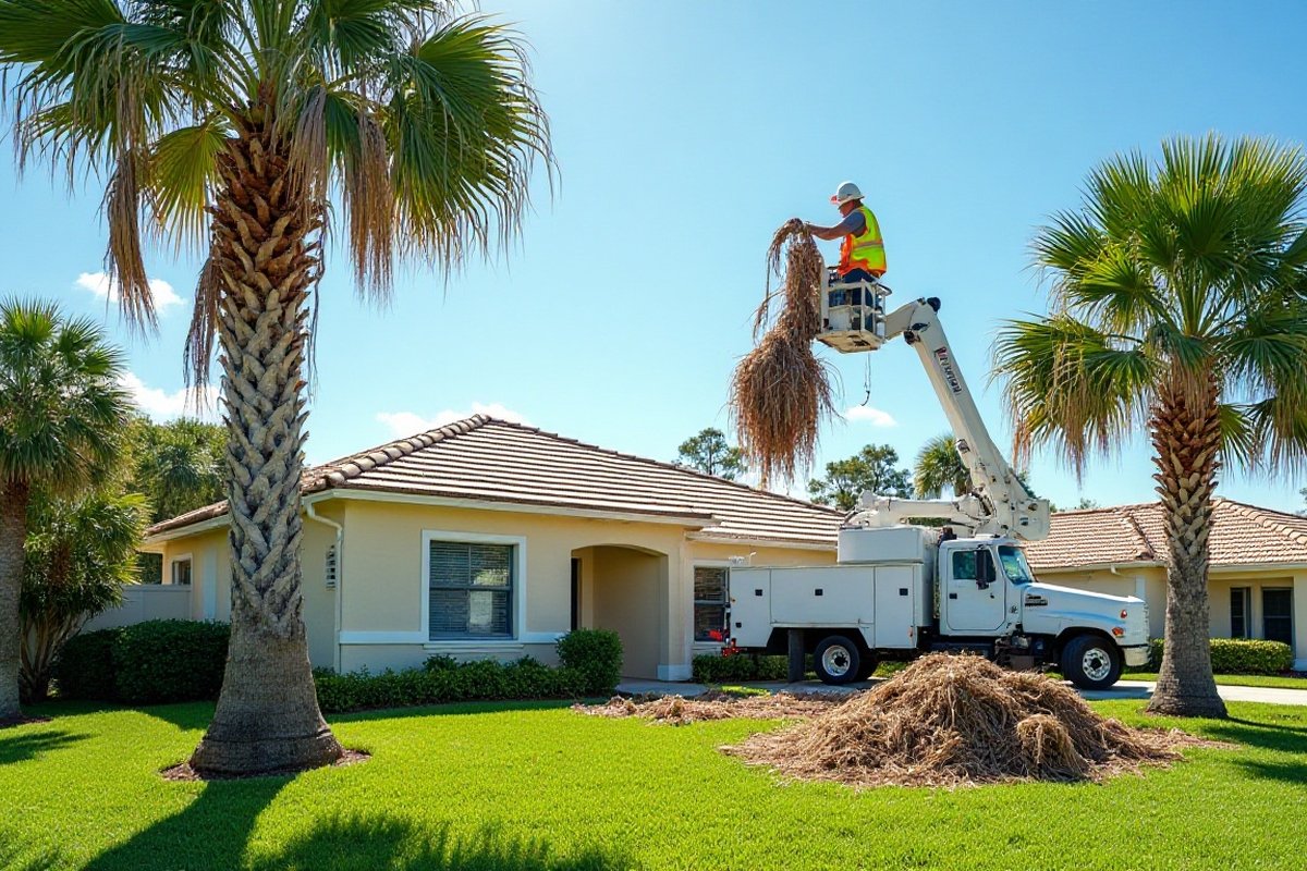 Worker in a bucket lift cutting dead brown fronds from a tall palm, with cut fronds piled on the lawn