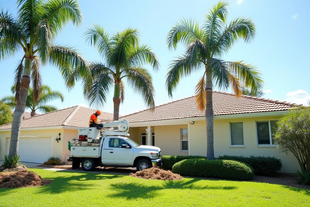 Palms with full, rounded green crowns beside a tile-roof home in the Orlando area