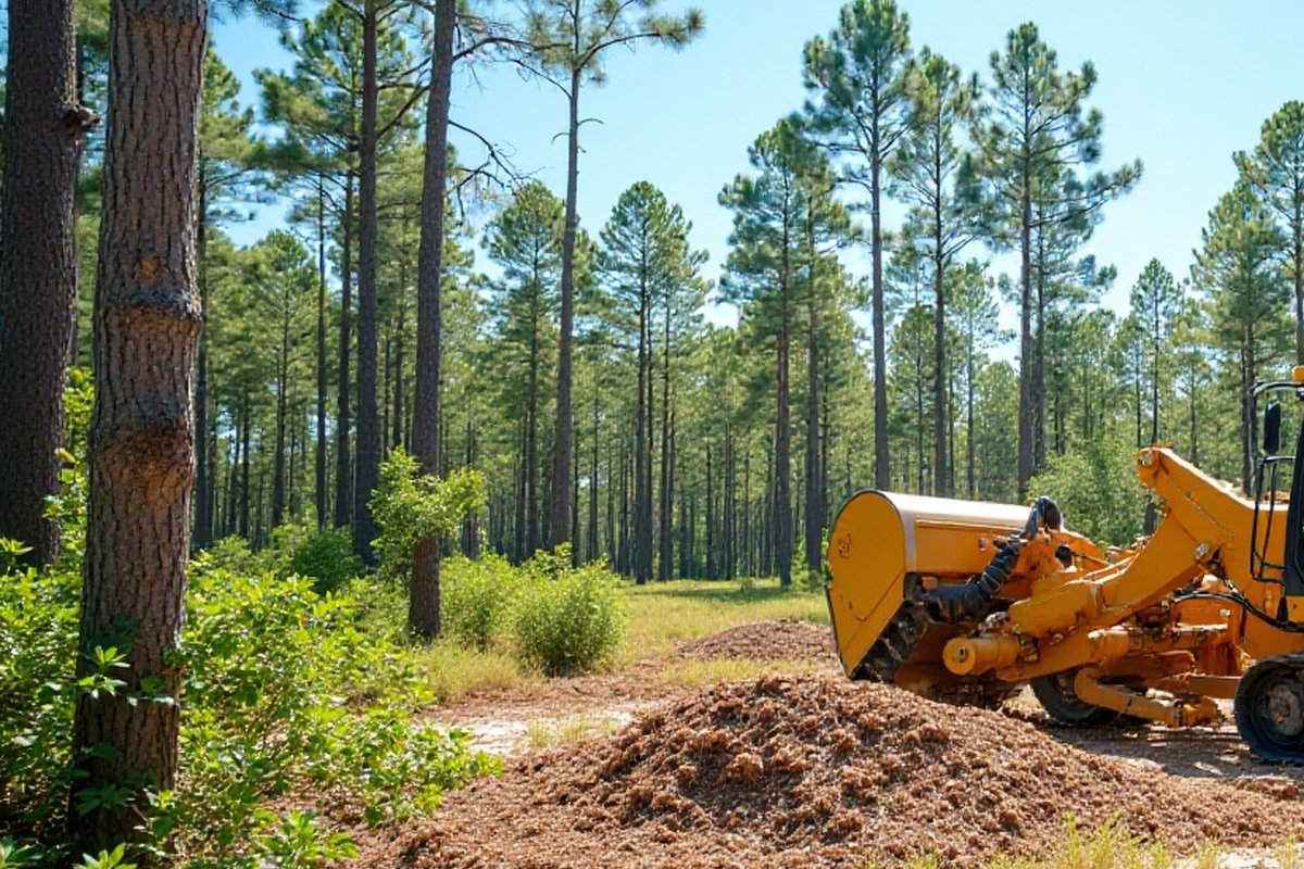 Wooded edge of a large rural lot with tall pines and palmetto