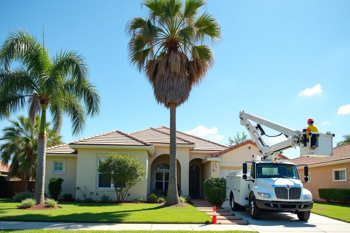 Queen palm and a taller palm in a sunny Orlando-area front yard, with a bucket truck in the driveway