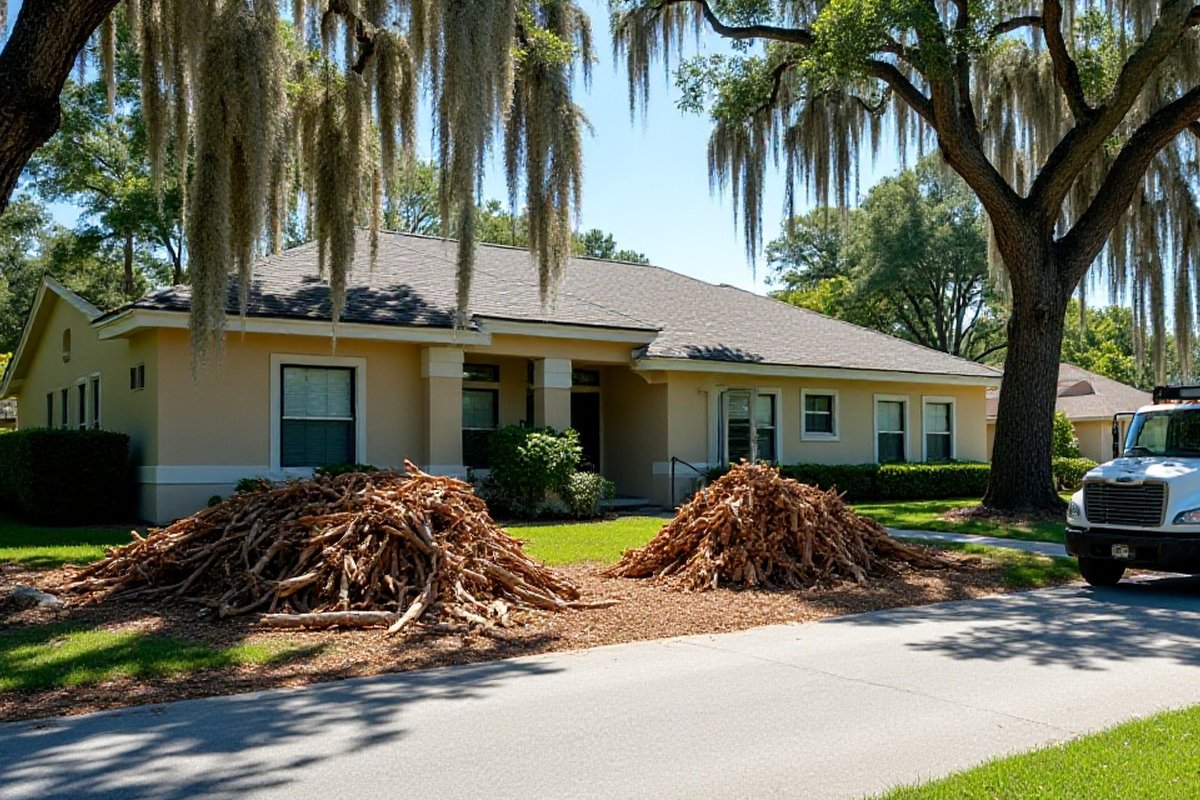 Raked lawn and driveway after tree trimming, with cut branches piled at the curb