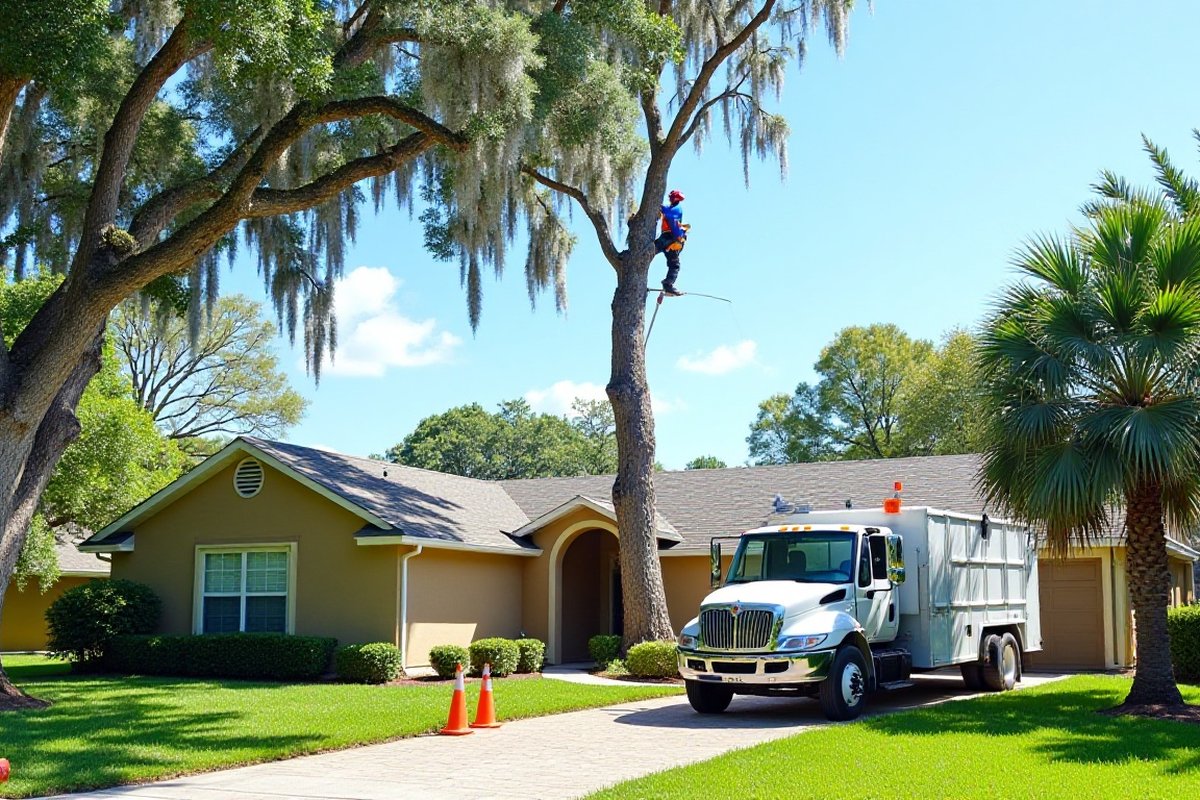 Climber in a harness working high in a mossy oak beside a Central Florida home, with a chipper truck in the driveway