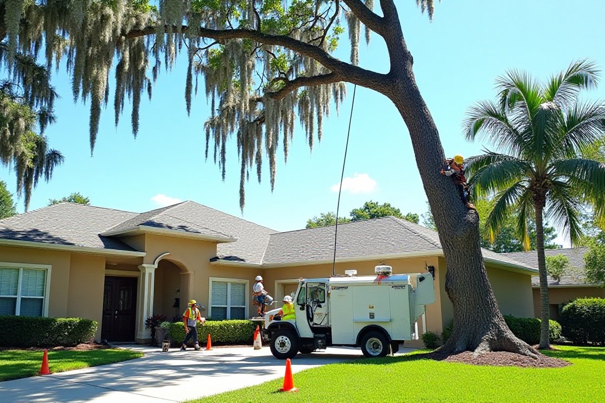 Climber roped into a tall oak trunk while a ground crew works beside a one-story home