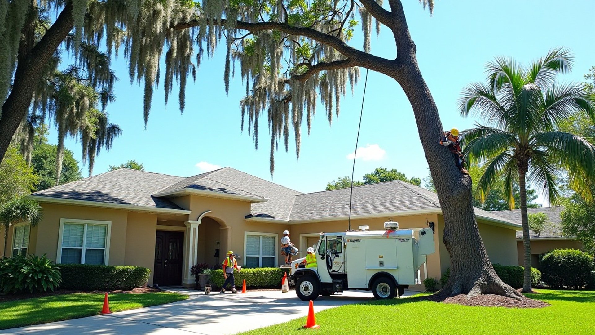 Climber high in a large oak beside a one-story Orlando-area home while a ground crew and truck work below