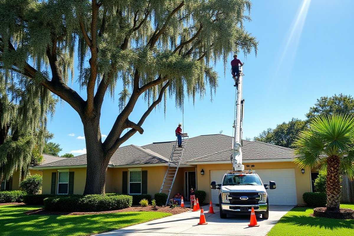 Tree crew with a boom truck and safety cones working on a large oak beside a one-story home