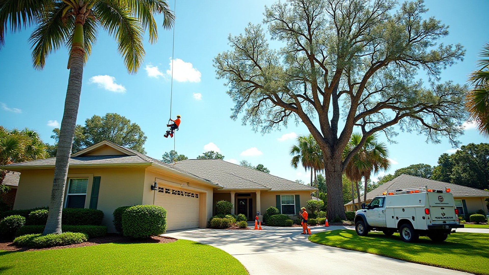 Tree crew working on a large oak beside a one-story Orlando-area home, with a work truck and cones in the driveway