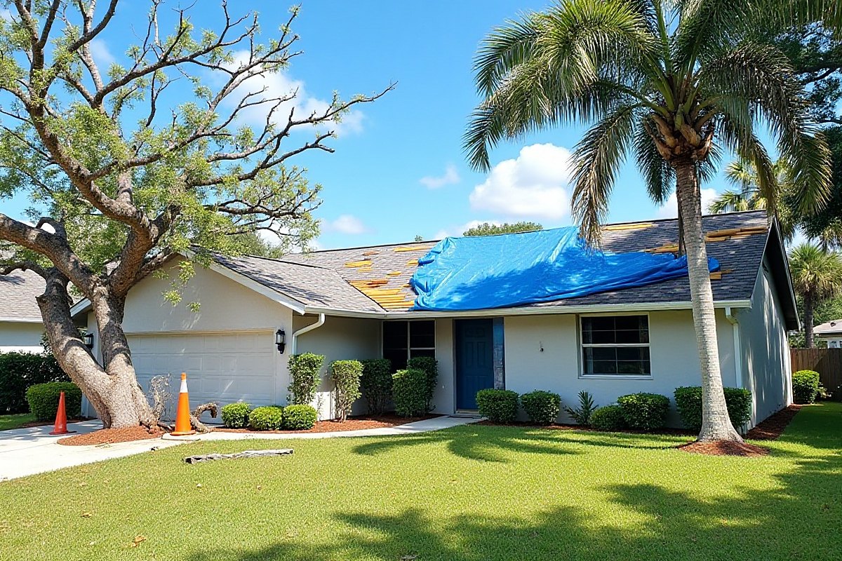 Blue tarp spread over damaged shingles on a one-story home, with a storm-broken tree and orange safety cones in the yard