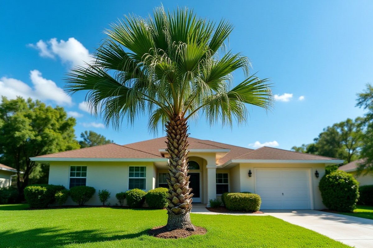 Sabal palm left with a full, rounded crown of green fronds in front of a one-story Central Florida home, the shape a careful trim keeps