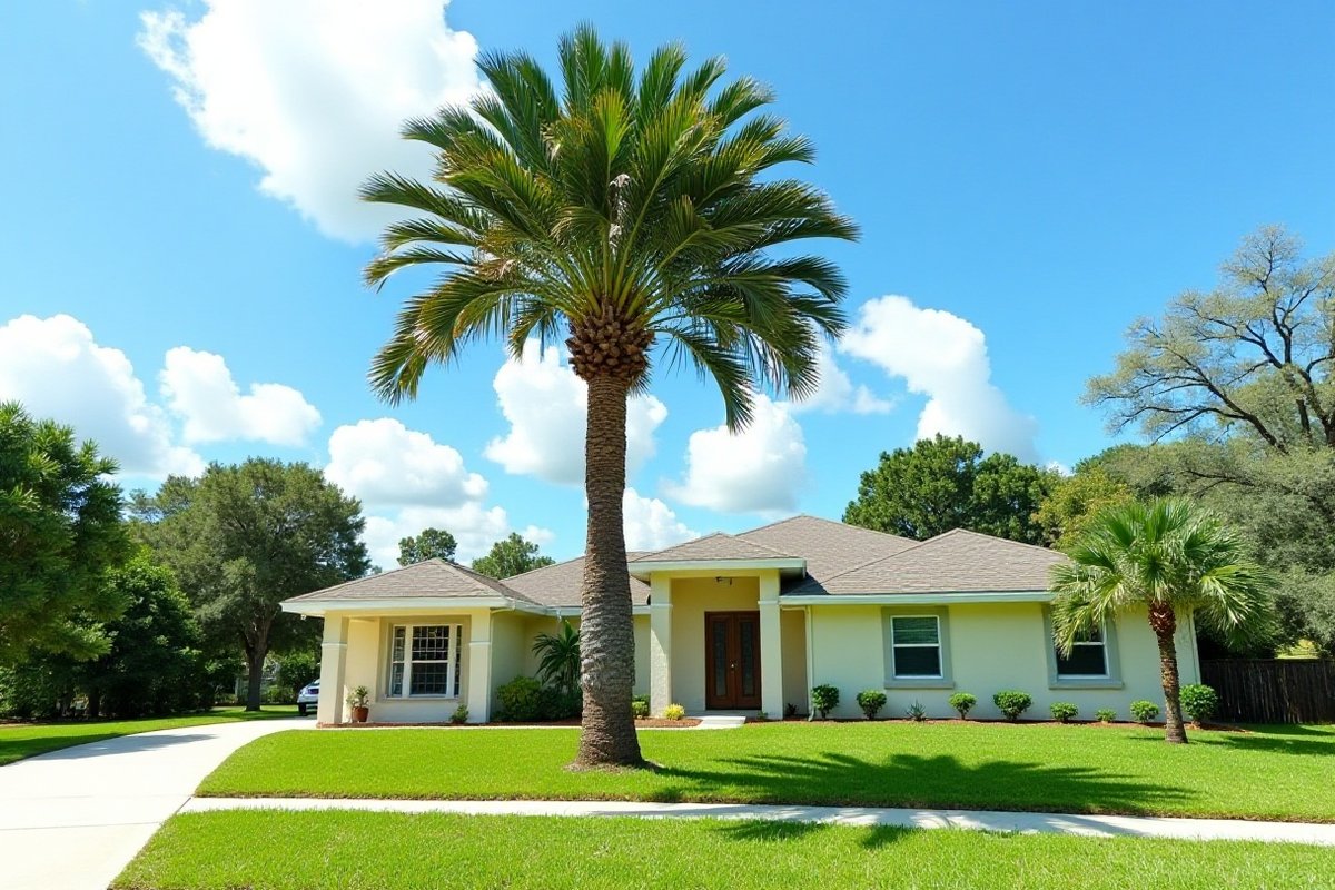 Sabal palm with a full head of green fronds in a Central Florida front lawn, with only the dead lower fronds removed