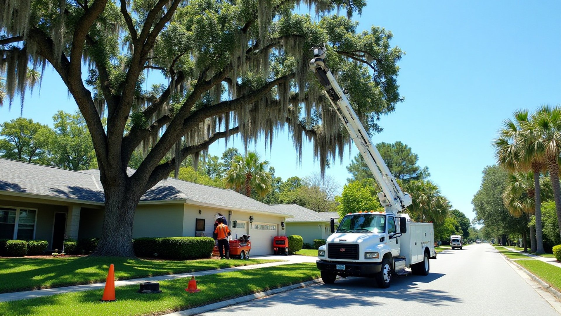 Tree crew with a bucket truck and chipper working on a large oak beside a one-story Orlando-area home