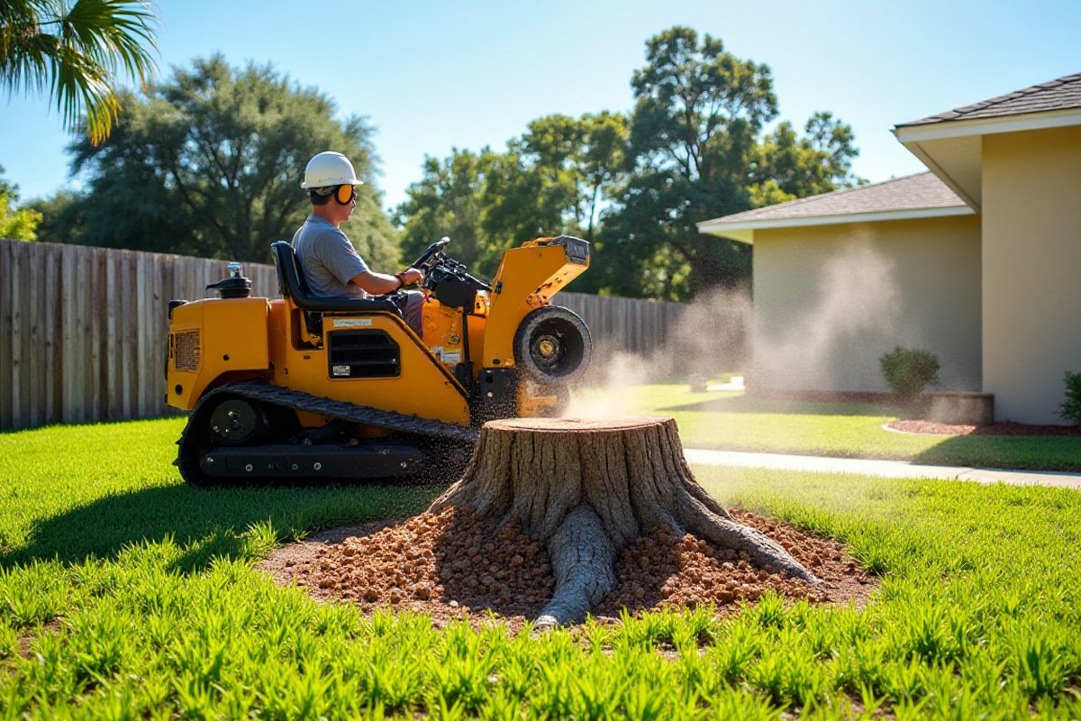 Stump grinder working on an old oak stump in a Central Florida back yard
