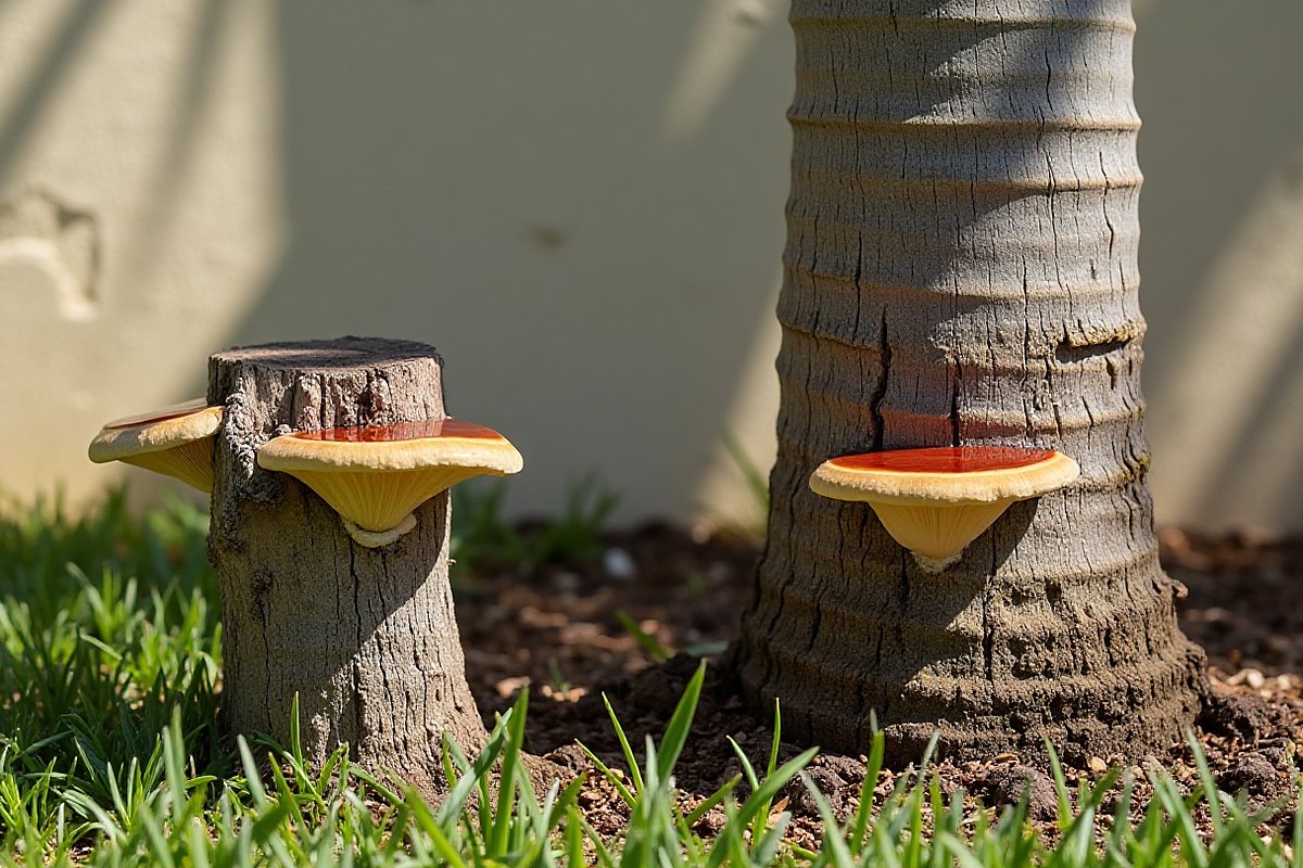 Short cut stump with reddish-brown shelf fungi growing from its side, next to a palm trunk with another fungus