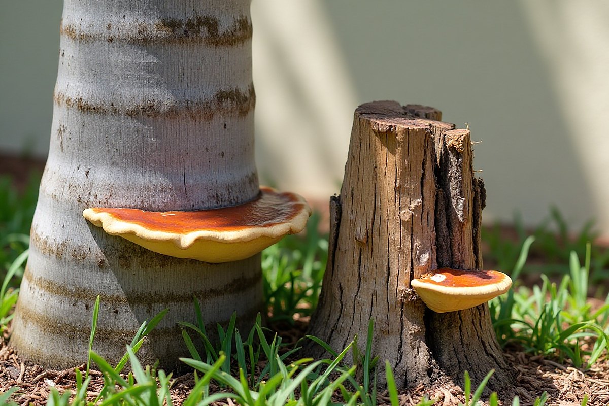 Reddish-brown shelf fungus with a cream rim growing from the base of a gray palm trunk, beside a short cut stump