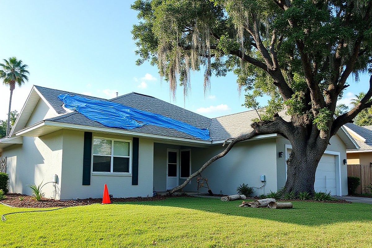 Large oak limb snapped and hanging down beside a one-story home with a blue tarp on the roof, cut logs and a safety cone on the lawn