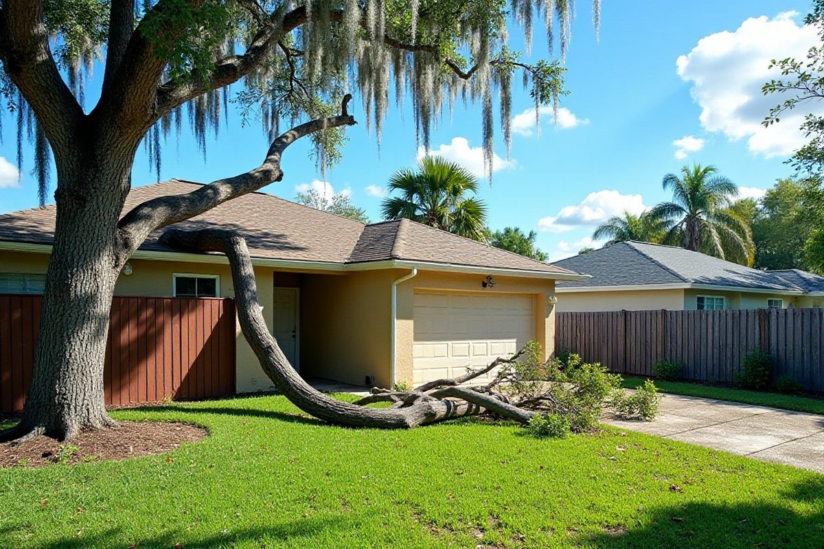 Broken oak limb split from the trunk and hanging down to the lawn beside a one-story Central Florida home after a storm